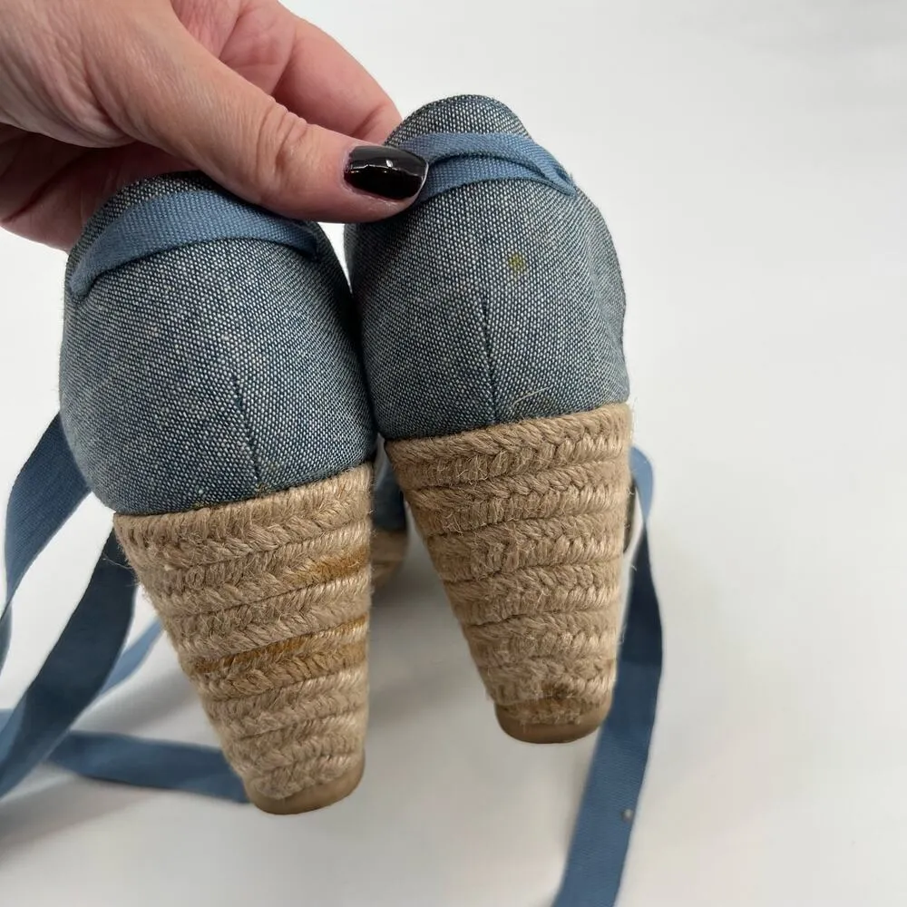 Old Navy Womens Sz 8 Blue Chambray Espadrille Wedge Heels Shoes Ribbon Ankle Tie - Image 8