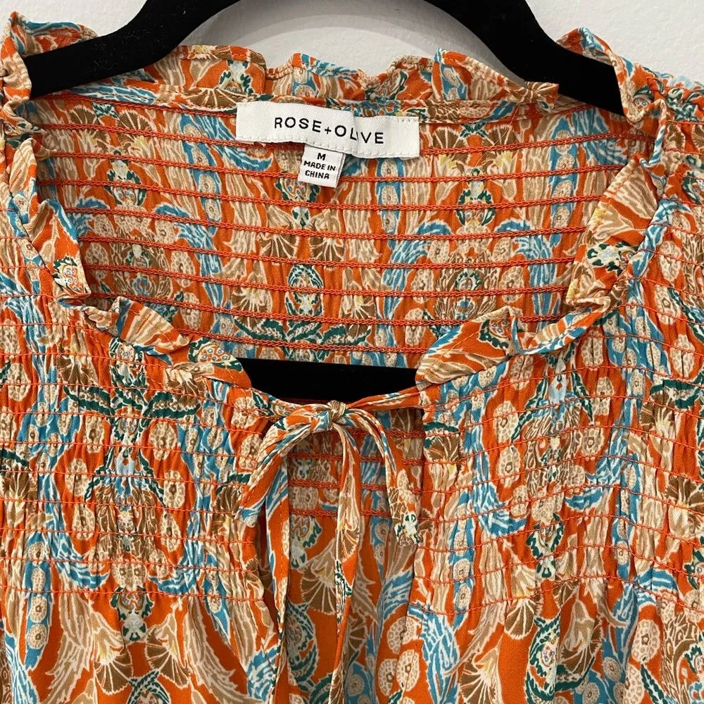 Rose & Olive Tunic Top Womens Color Orange Floral Long Sleeve Sz M - Image 2