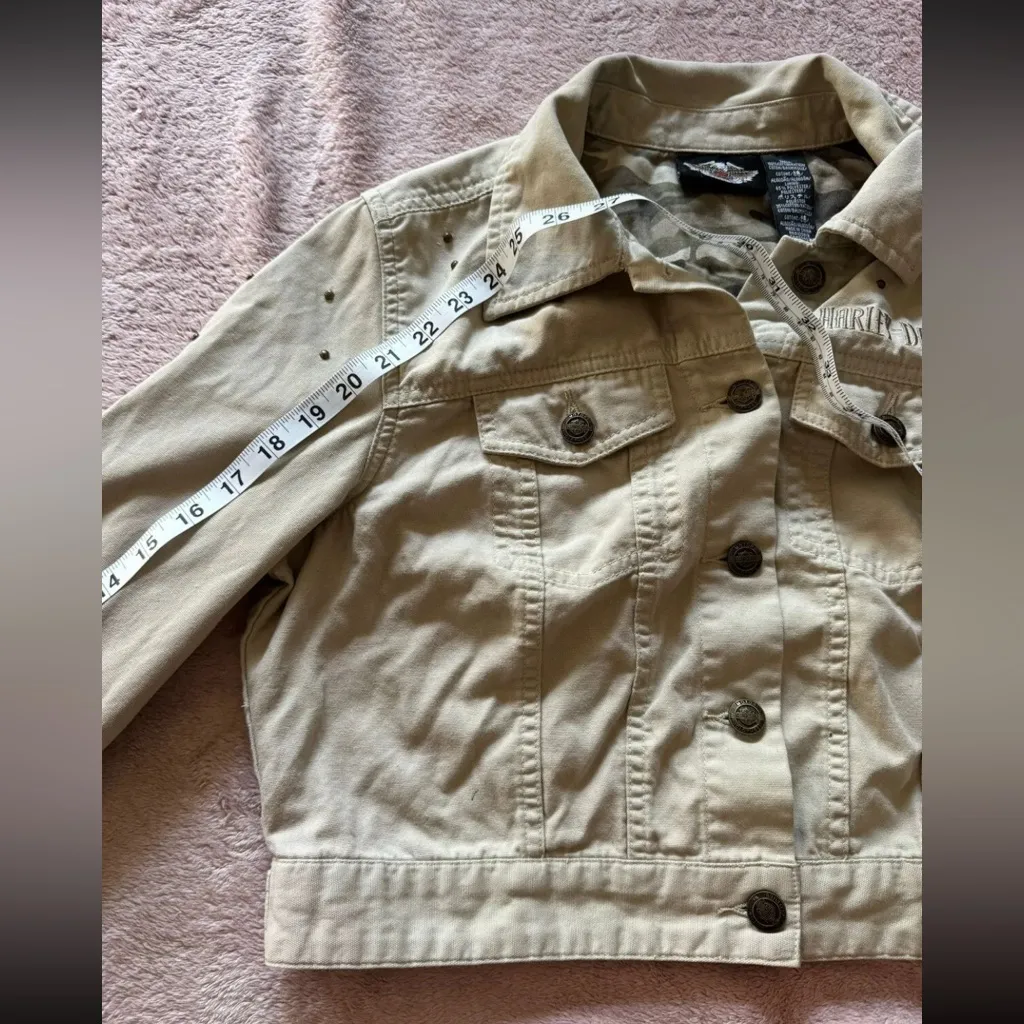 HARLEY DAVIDSON Women’s Crop Top Jacket‎ Canvas Biker Khakis Sz Large Yellow - Image 4