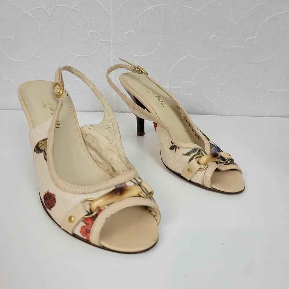 Massimo Baldi Womens Sandals Size 6.5 Cream Floral Open Toe Slingback Heels - Image 25