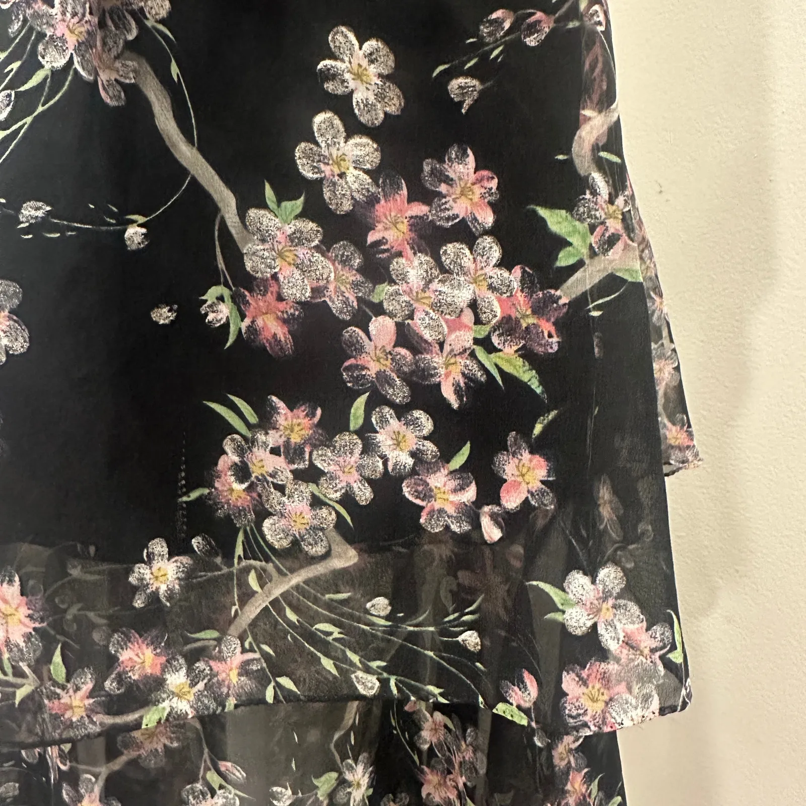 VTG 60-70s Black Chiffon Tiered Midi Dress Pink Floral Coquette Fairy Cottage XS - Image 10