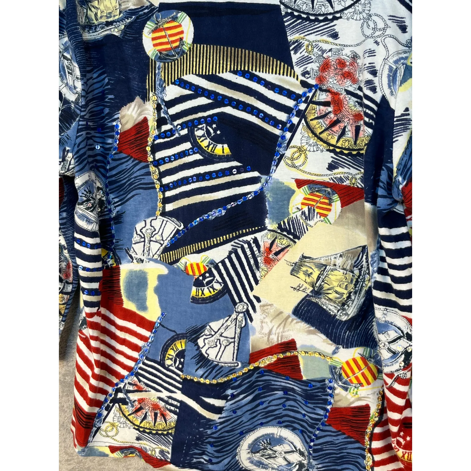 Take Two Blouse 1X Jersey Knit Nautical Sailing Sequin 3/4 Sleeve Country Club Blue Size XL - Image 3