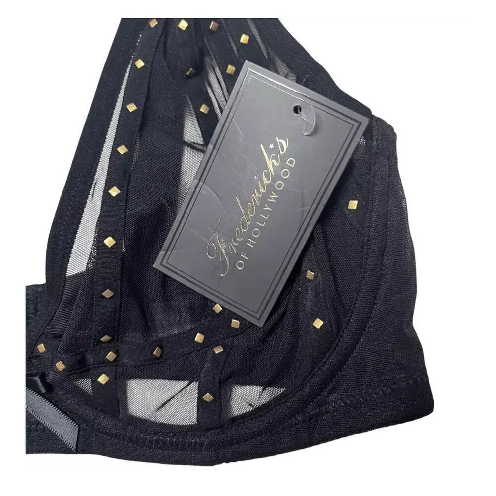 NWT Fredericks of Hollywood SZ 32D Rozlyn Mesh & Stud Black Underwire Bra - Image 2