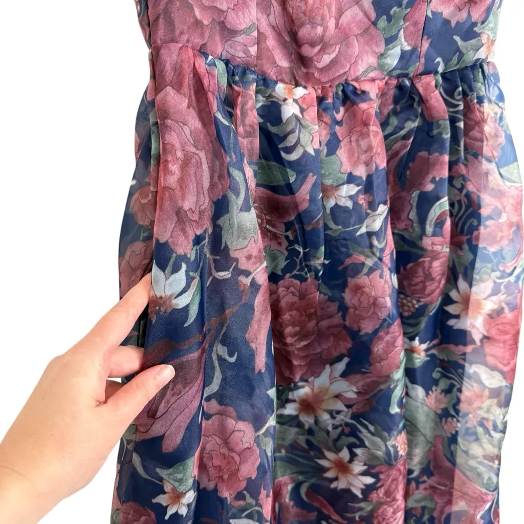 Lulus Cherished Aura Floral Organza Bustier Midi Dress Navy Blue Size M NWT - Image 7