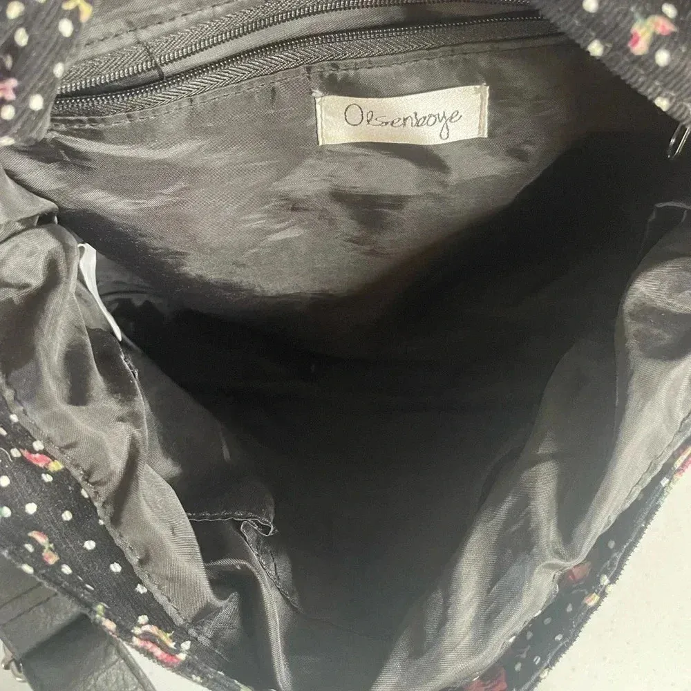 Olsenboye Floral Crossbody Bag Corduroy Black Pink Leather Strap GUC! 0096‎ - Image 6