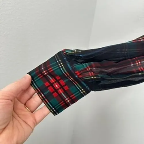 J.Crew XS Plaid Print Sheer Ruffle Mock Neck‎ Long Sleeve Top Blouse Holiday NWT Black - Image 4