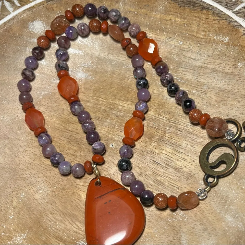 Energy Muse Strength Red Jasper, Carnelian, Sunstone & Charoite Beaded Necklace - Image 7
