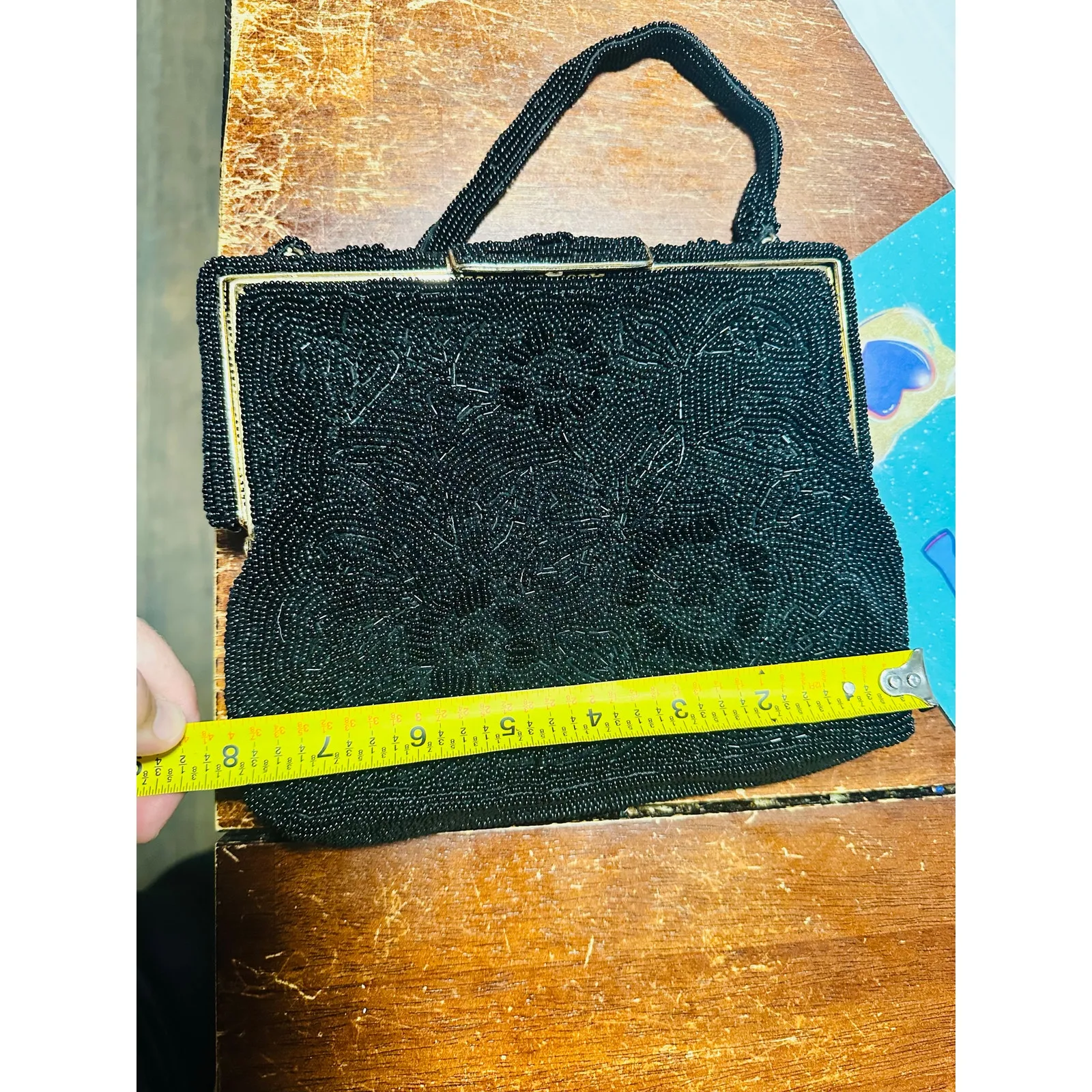 Vintage 70s/80s Black Beaded Embroidered Clutch Closure Beaded Handled Handbag - Image 8