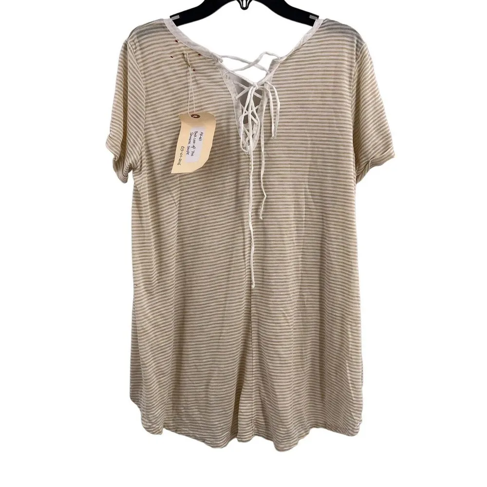 Anthropologie T.la Beige Stripe Short Sleeve Tee Lace Up Back Small New - Image 2