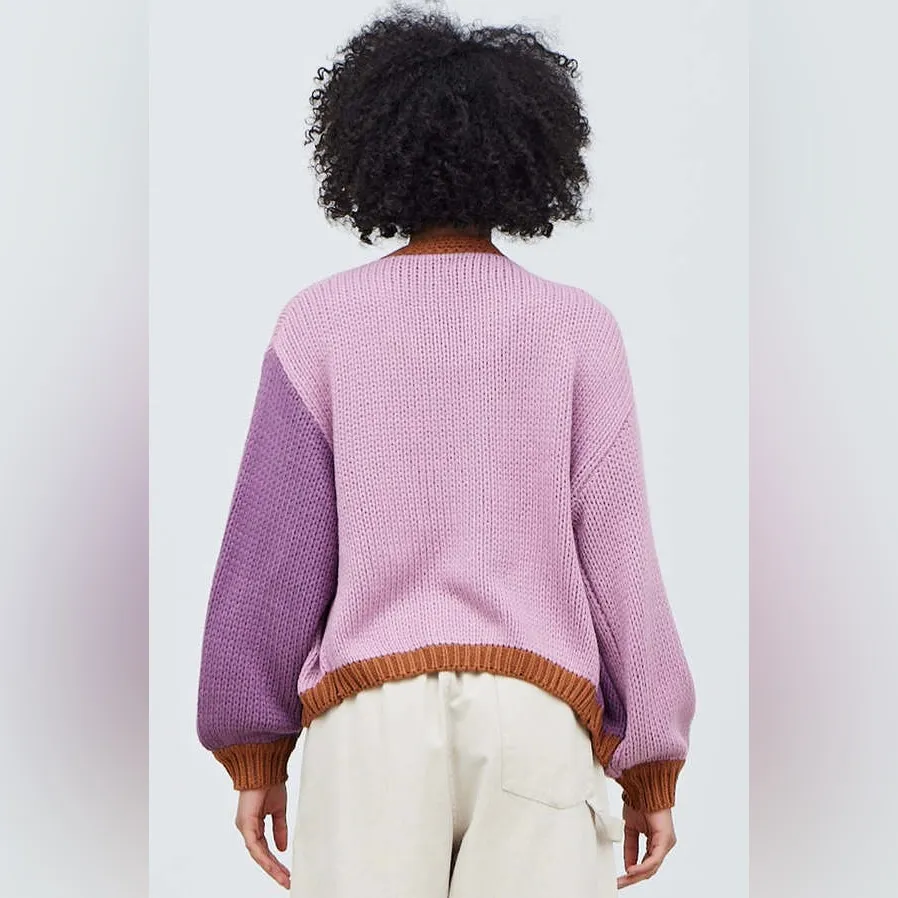 Grade Gather Colorblock Balloon Sleeve Knit Cardigan Sweater Purple Brown Size S - Image 11