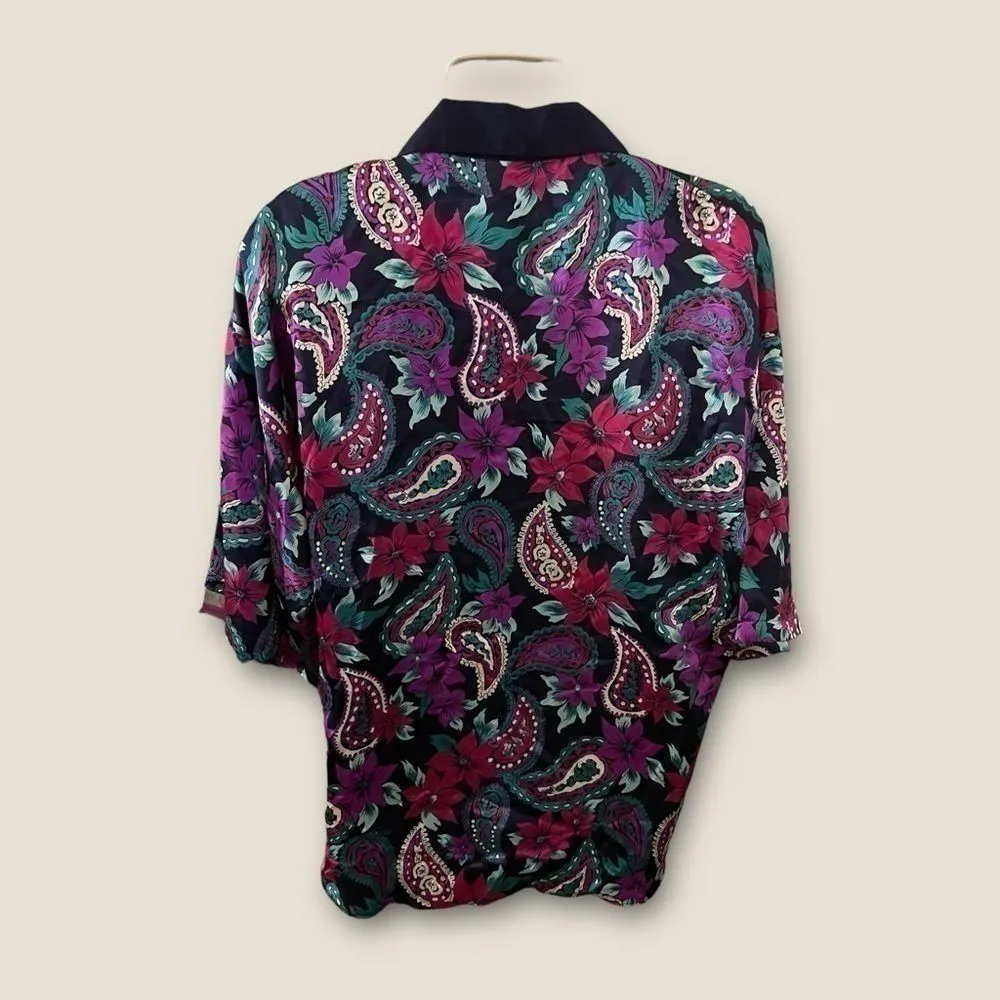 Vintage 90s Tesoro Satin Paisley Blouse Jewel Tone Floral Print Button Down S Black - Image 2