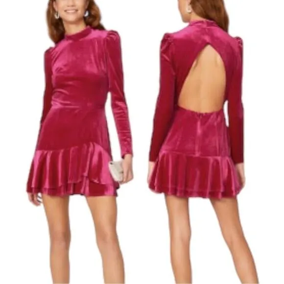 Yumi Kim Shannon Pink Fuschia Velvet Long Sleeve Mini Dress Size Medium - Image 2
