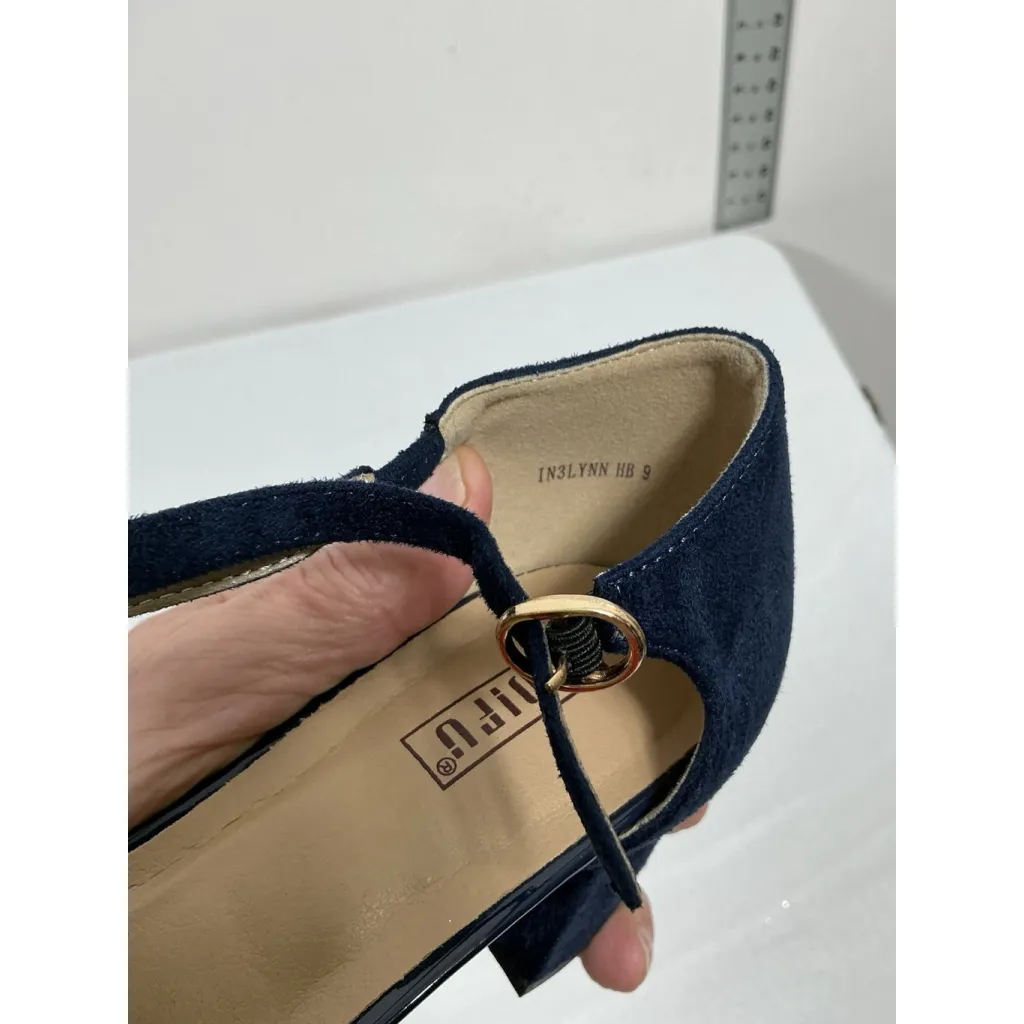 Womans NWOT Inifu Strappy Pumps Blue 9 Block Heel Buckle Close Pointed Toe - Image 7