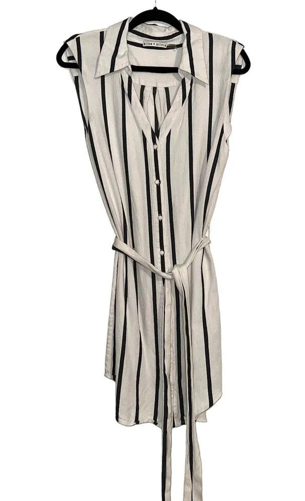 Alice + Olivia Payton Stripe V-Neck Sleeveless Button Down Belted Dress 8 - Image 3