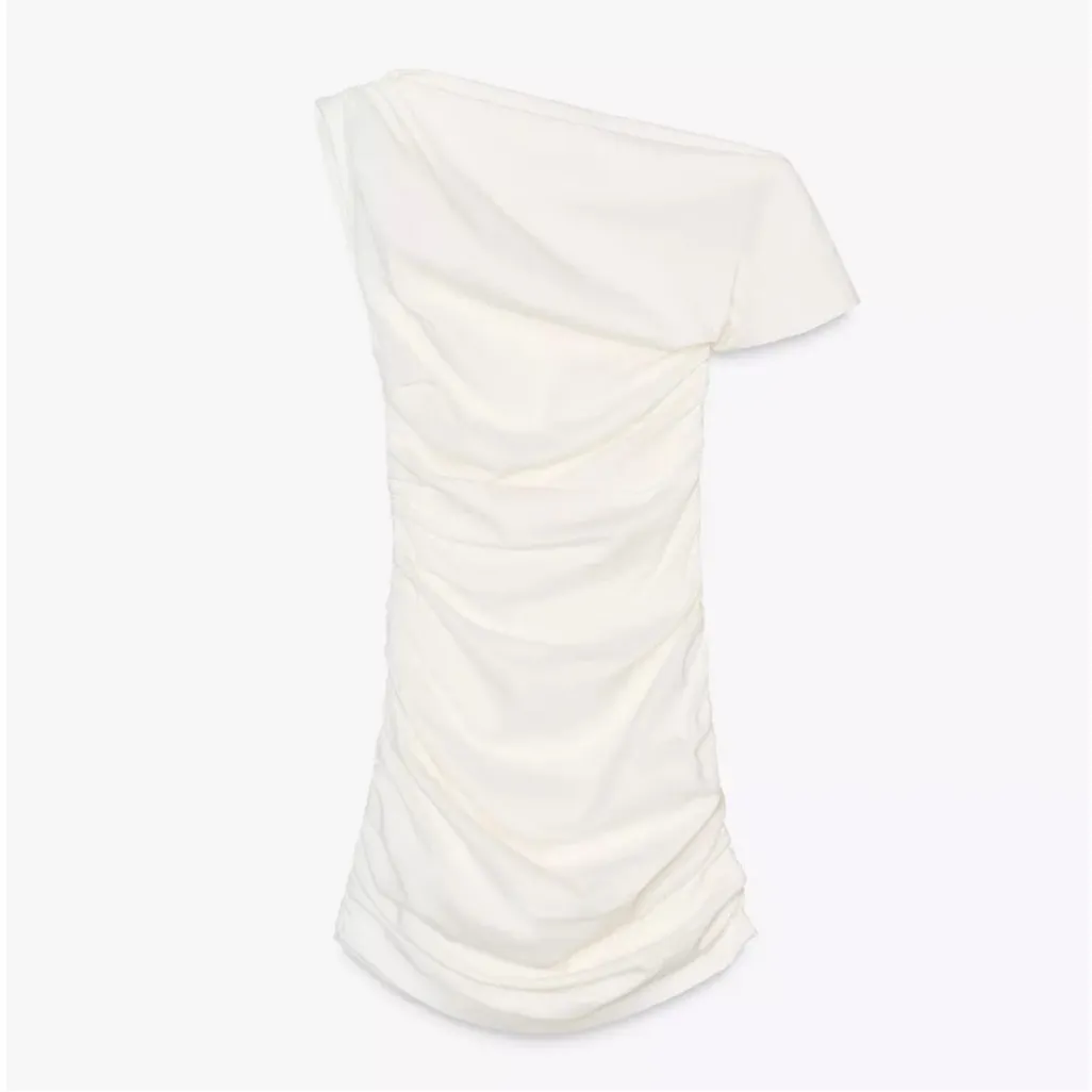 Zara NWT white mini dress asymmetrical draped off shoulder ruched dress - Image 7