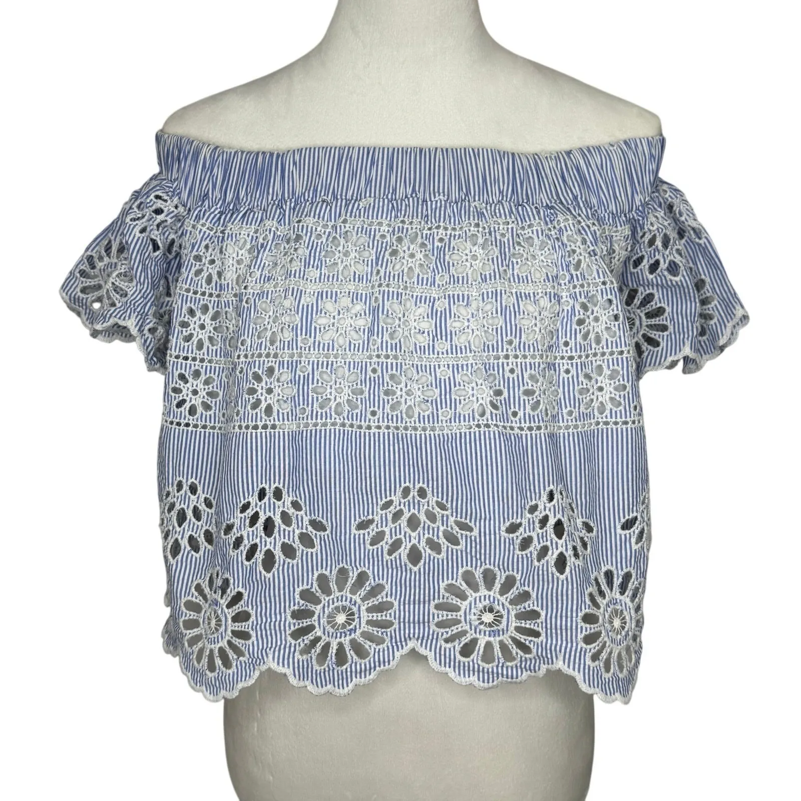 Sea‎ New York Off Shoulder Eyelet Top Size 2 Blue White Stripe Scallop Hem Boho - Image 4