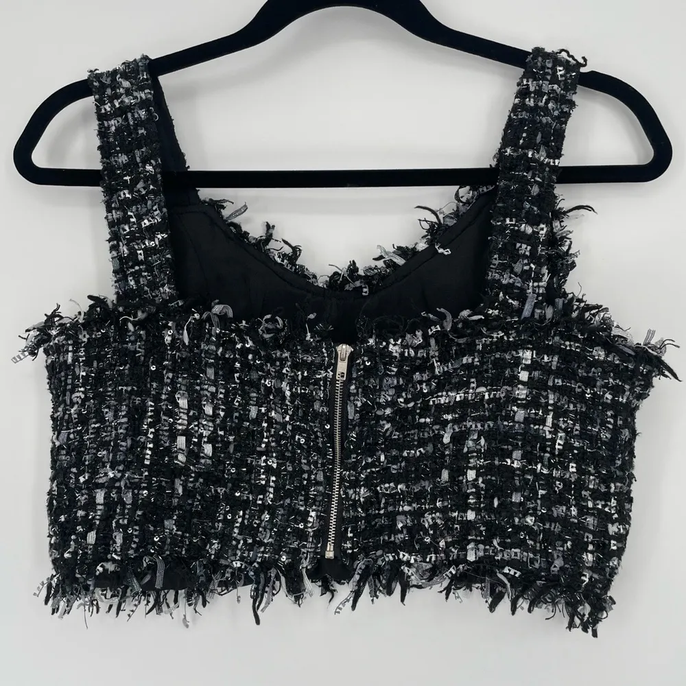 ZXQB Womens Tweed Style Sleeveless Tapestery Sparkle Crop Top Zip Back Large - Image 8