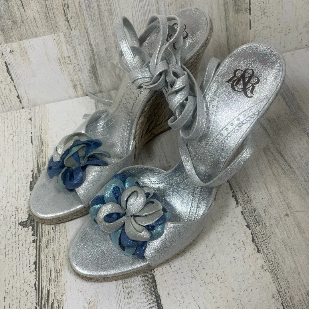 Rock & Republic Silver‎ Blue Ankle Wrap Espadrille Wedge Sandals size 41 US 9.5 - Image 2