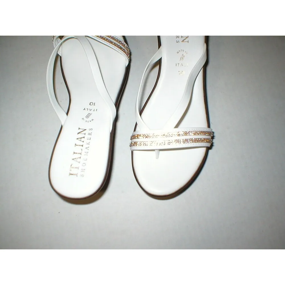 New Womens 10 Italian Shoemakers Crystals Wedge Sandals Platform Shoes White Brn - Image 6