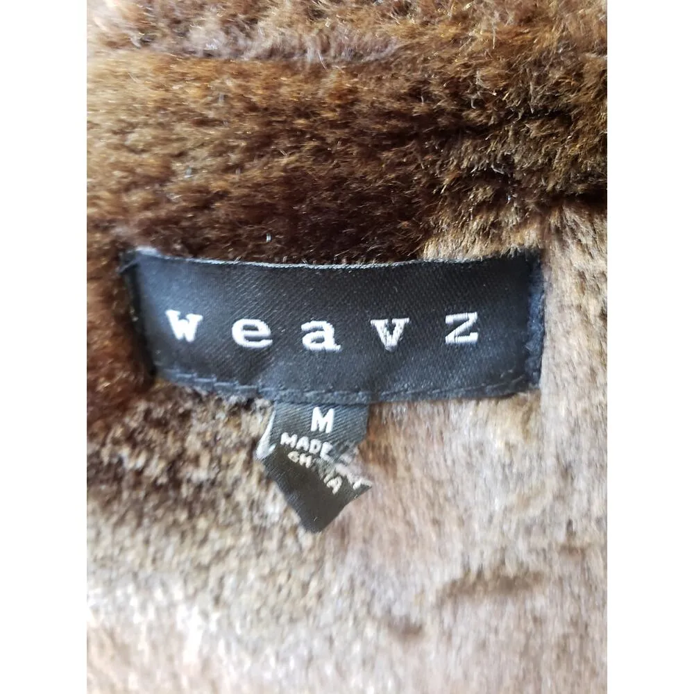 Weavz Faux Suede Vest Women's Medium Multi Geo Print Faux Fur Lined Button Front Brown - Image 3