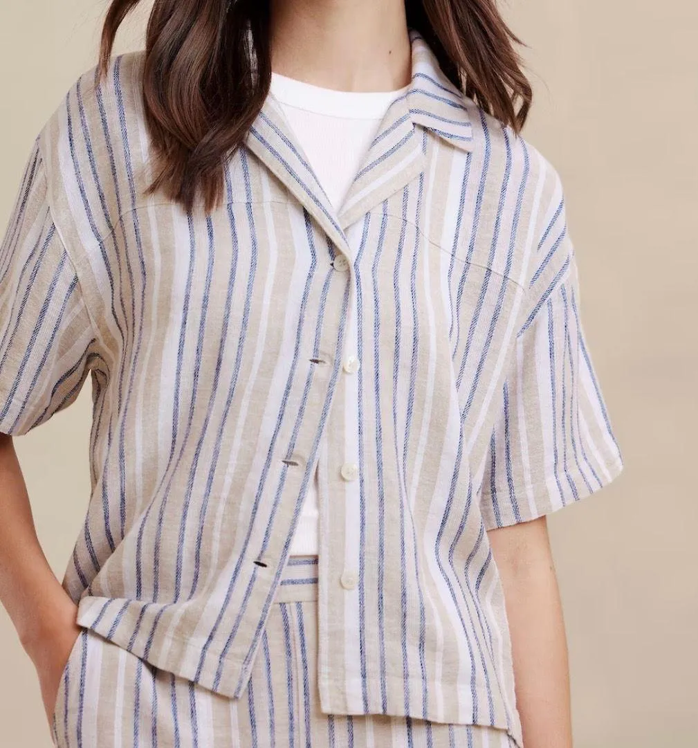 NWT  Factory Linen Button Front Collared Shirt Stripe Ivory XXL - Image 3