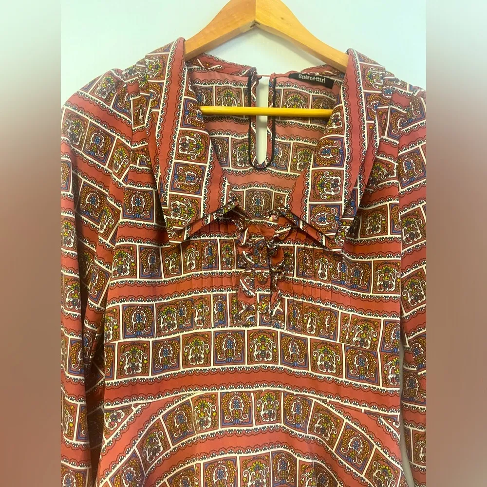 Spiral Girl Long Sleeve Mini Romper Vintage pattern snap bottom collared Size 2 - Image 3