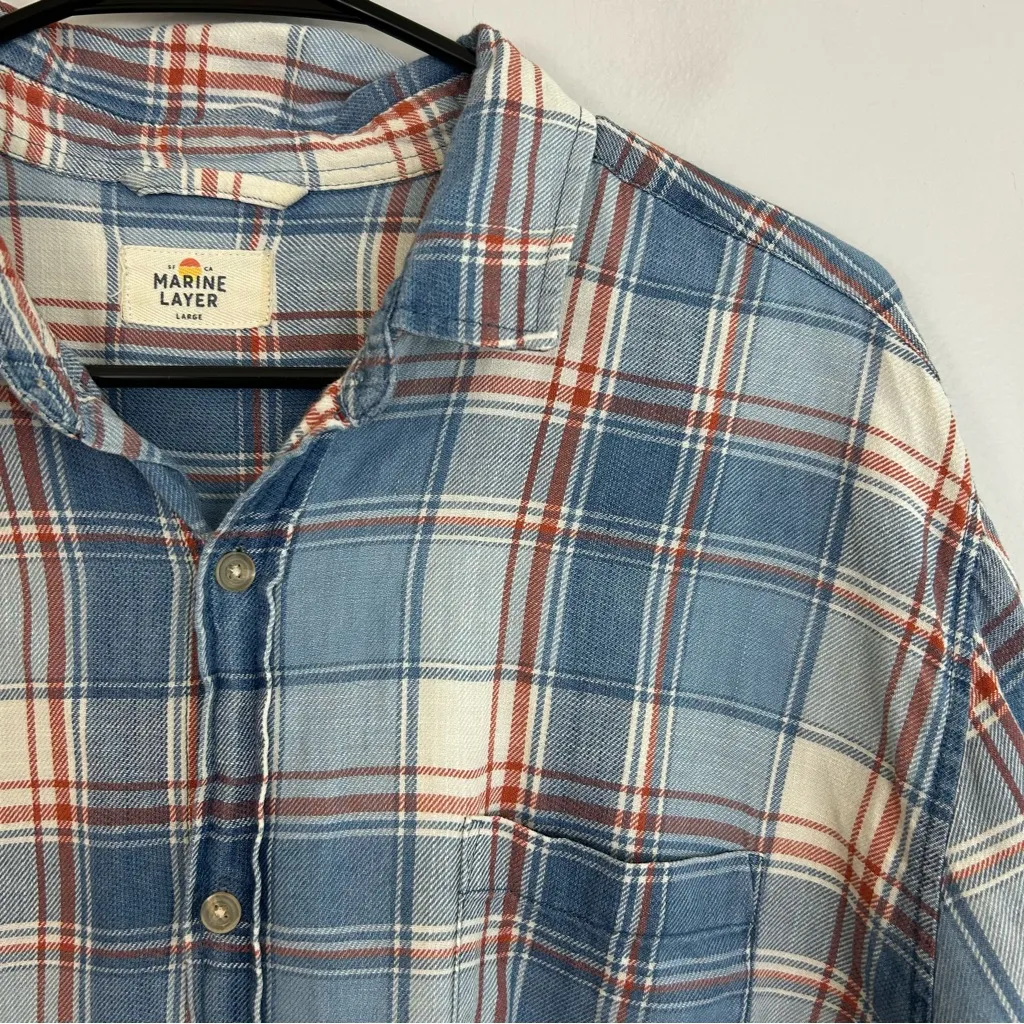 Marine Layer Margiold Blue Plaid Button Down Shirt Size Large - Image 4