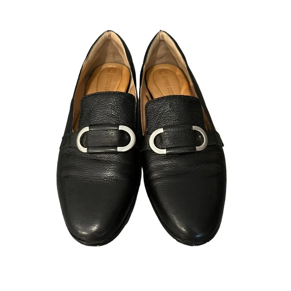 Corso Como Clarrah Black Pebbled Leather Loafers Size 8M Silver-Tone Buckle - Image 5