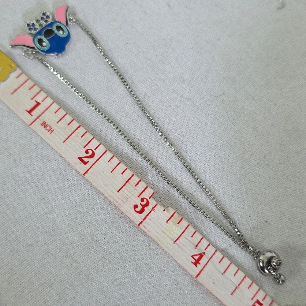 Silver Stainless Steel Bolo Adjustable Pull Bracelet with Stitch Charm Blue - Image 8