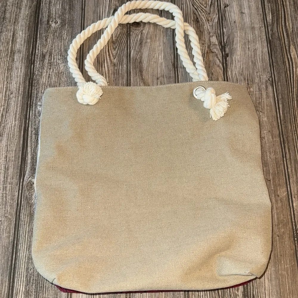 California Republic Beige Tote Bag beach bag travel rope double handles lined Red - Image 3