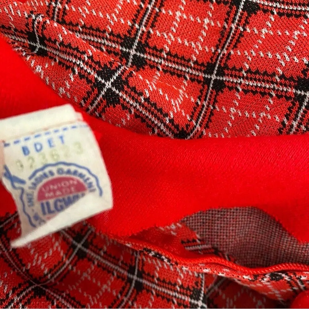 Vintage 1970s Red Plaid Butterfly Collar Dress Made USA Union Label Union Large - Image 10