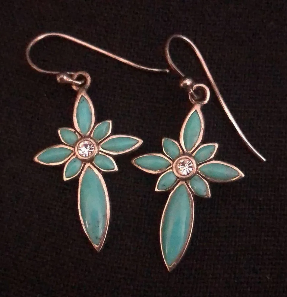 BARSE Turquoise Sterling Silver Elongated Floral Drop Dangle Earrings Vintage - Image 2