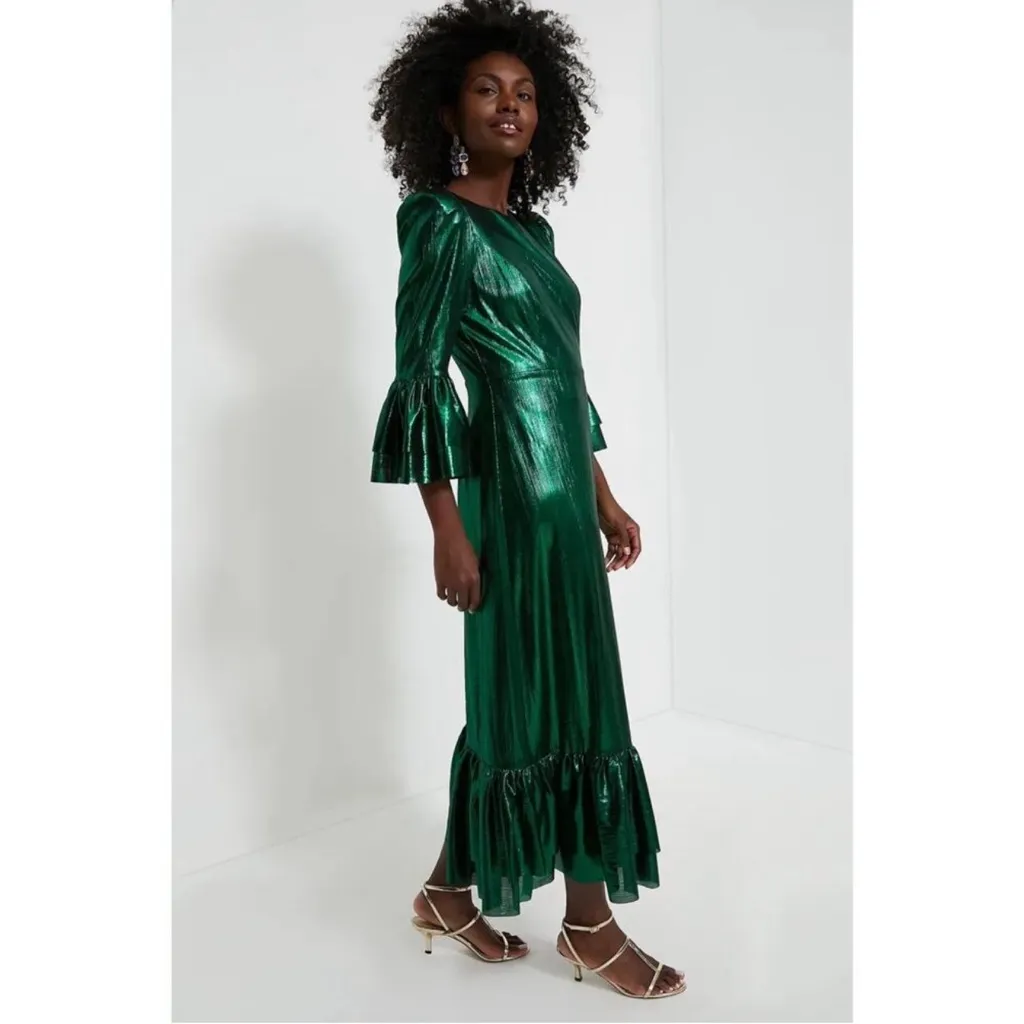 Pomander Place Emerald Crinkle Lurex Lilith Midi Dress XS NWT Holiday Party Green - Image 2