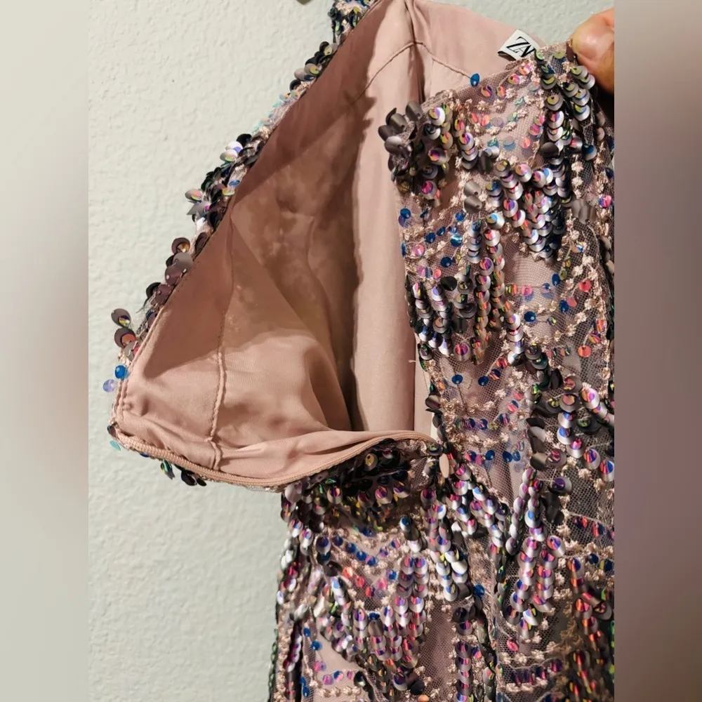 Zara Metallic Multicolored Luxury Sequin High Waisted Skirt Scalloped Hem Sz S - Image 12