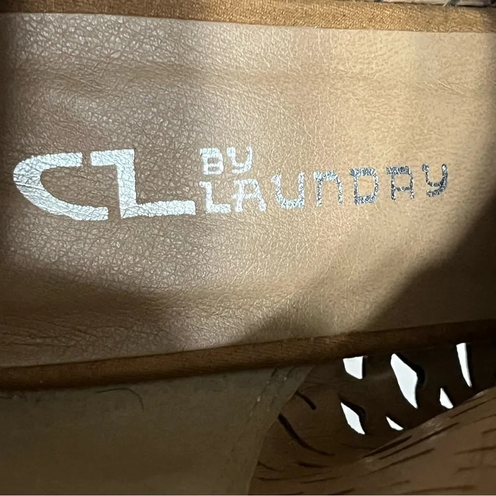 CL by Laundry Women Honey Brown Ankle Boots Sz 9.5M Chunky Heels Peep Toe Detail - Image 7