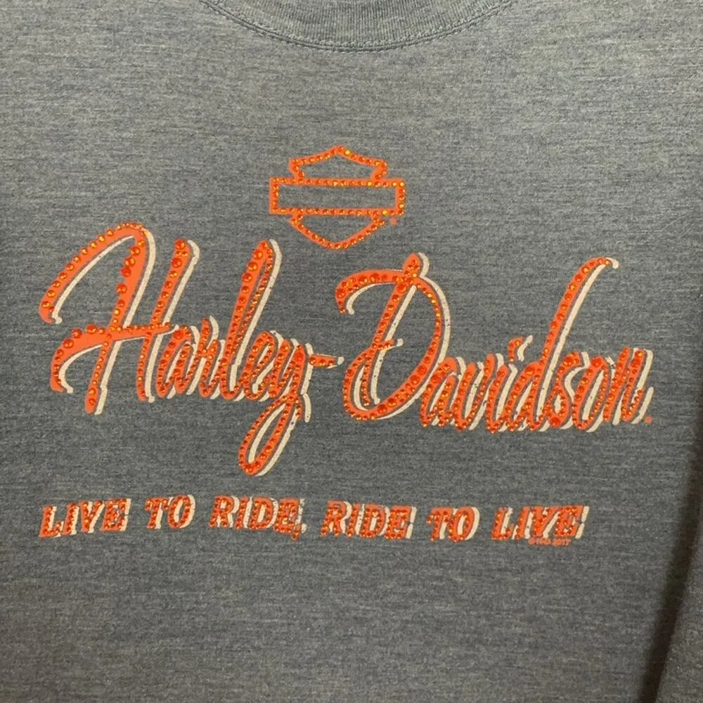 Harley Davidson womens large blue orange gem bling short sleeve shirt flordia - Image 4