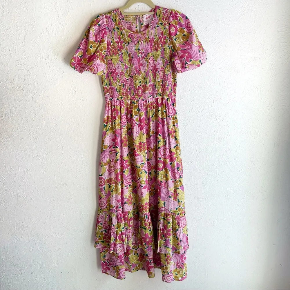 Banjanan Quant Floral Smocked Puff Sleeve Maxi Dress Cotton Sz Medium Pink - Image 3