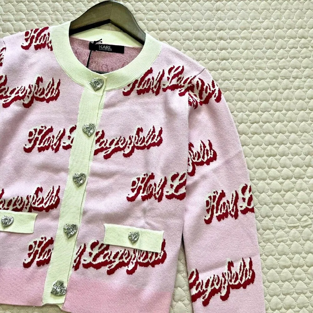 $399 NWT Karl Lagerfeld Women Pink Logo Cardigan Sweater Jacket Rhinestone Heart - Image 7