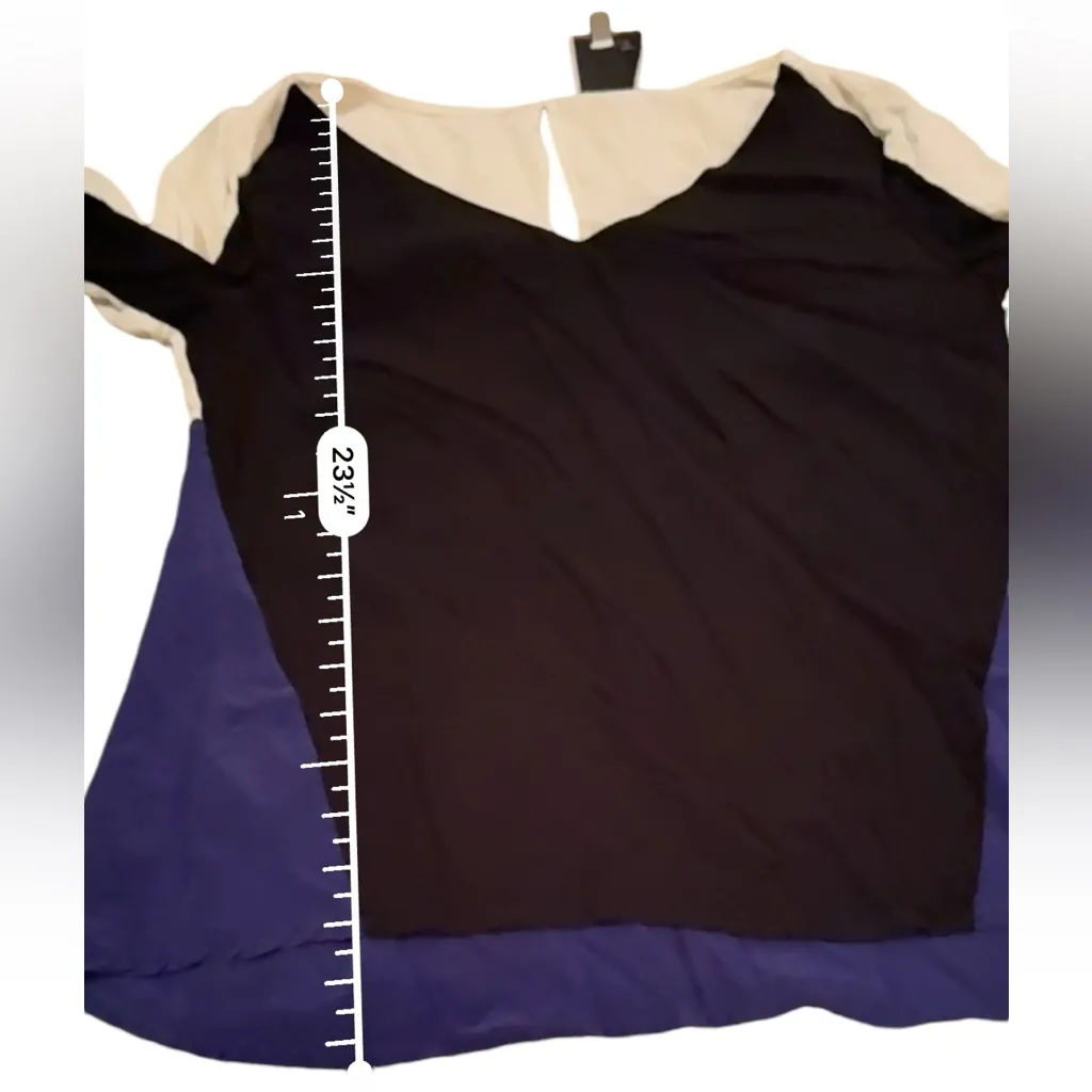 Aryn K 100% Silk Contrast Black, Navy & Cream 3/4‎ Sleeve V Neck Top Sz S - Image 9