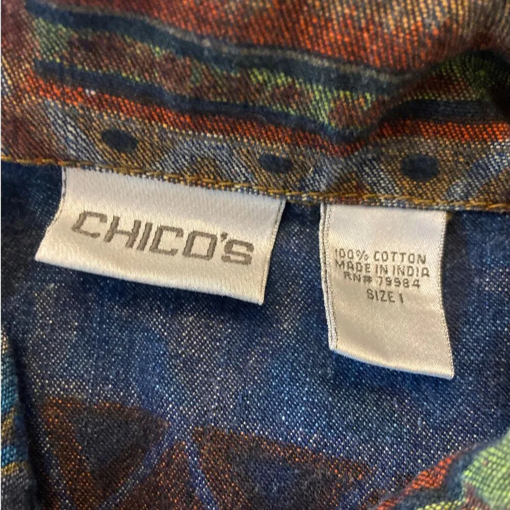 Chicos 1 Denim Jean Jacket Womens M Collar Long Slv Cotton Western Aztec Tribal - Image 7