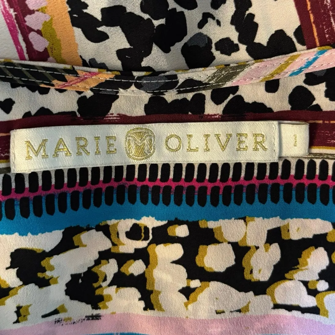 Marie Oliver Size L Peasant Top Blouse Multicolor Print Electric Silk Front Tie - Image 5