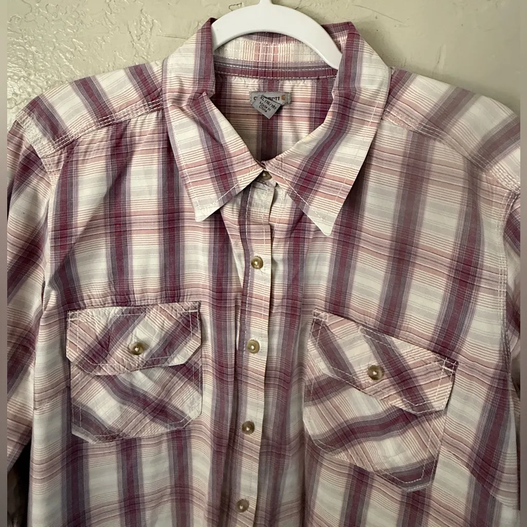 Carhartt Huron Cream Berry Red Pink Plaid Button Down 3/4 Sleeve Shirt Size XL - Image 3
