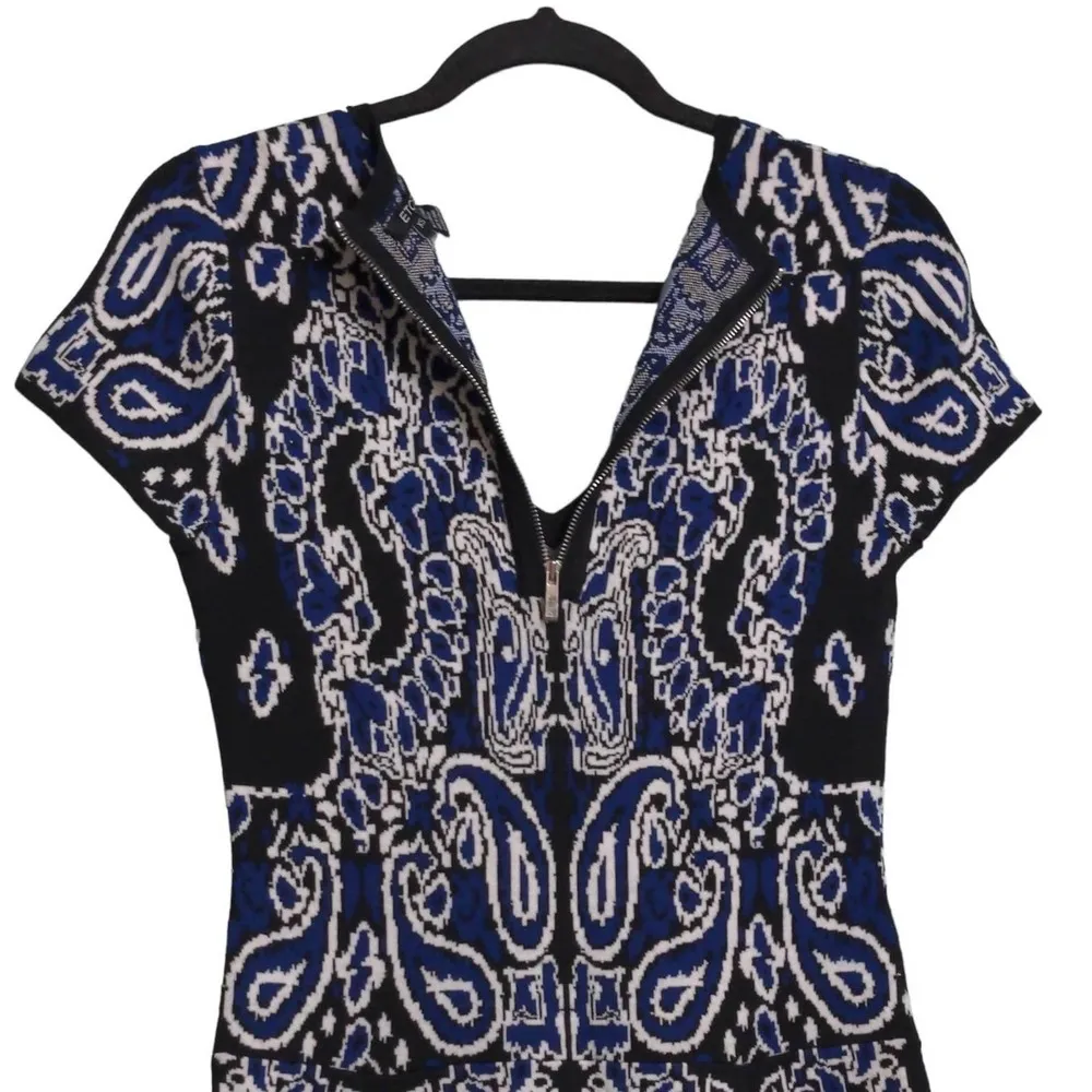 Etcetera Womens Fit & Flare Dress Blue Paisley Piped V Neck Cap Sleeve Zip XS - Image 5
