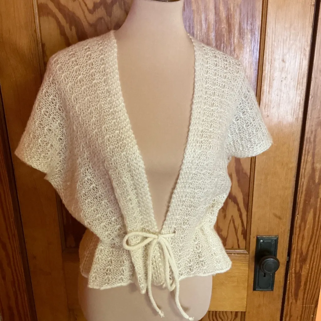 Vintage Cream Crochet Knit Tie Front Cover Up | 70s Boho Sheer cardigan - Image 10