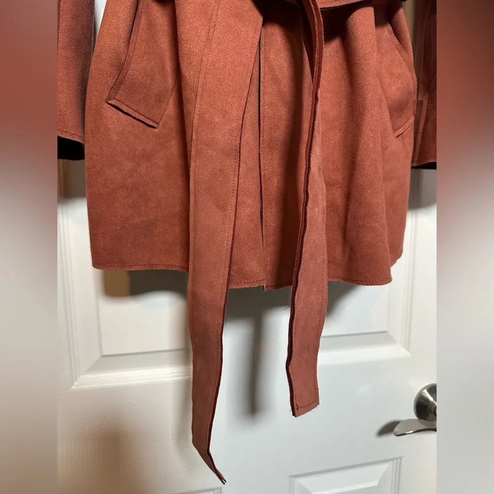 Tahari Women’s Brown Open Front Suede Cardigan Jacket Waist Tie Trench Coat Sz L - Image 4