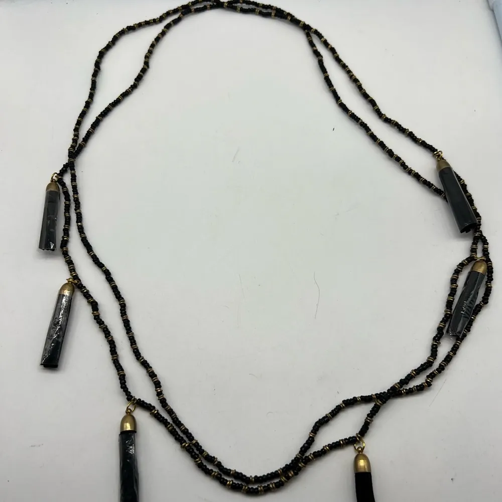 NEW black and gold beaded lariat necklace with five black tassels - Image 9
