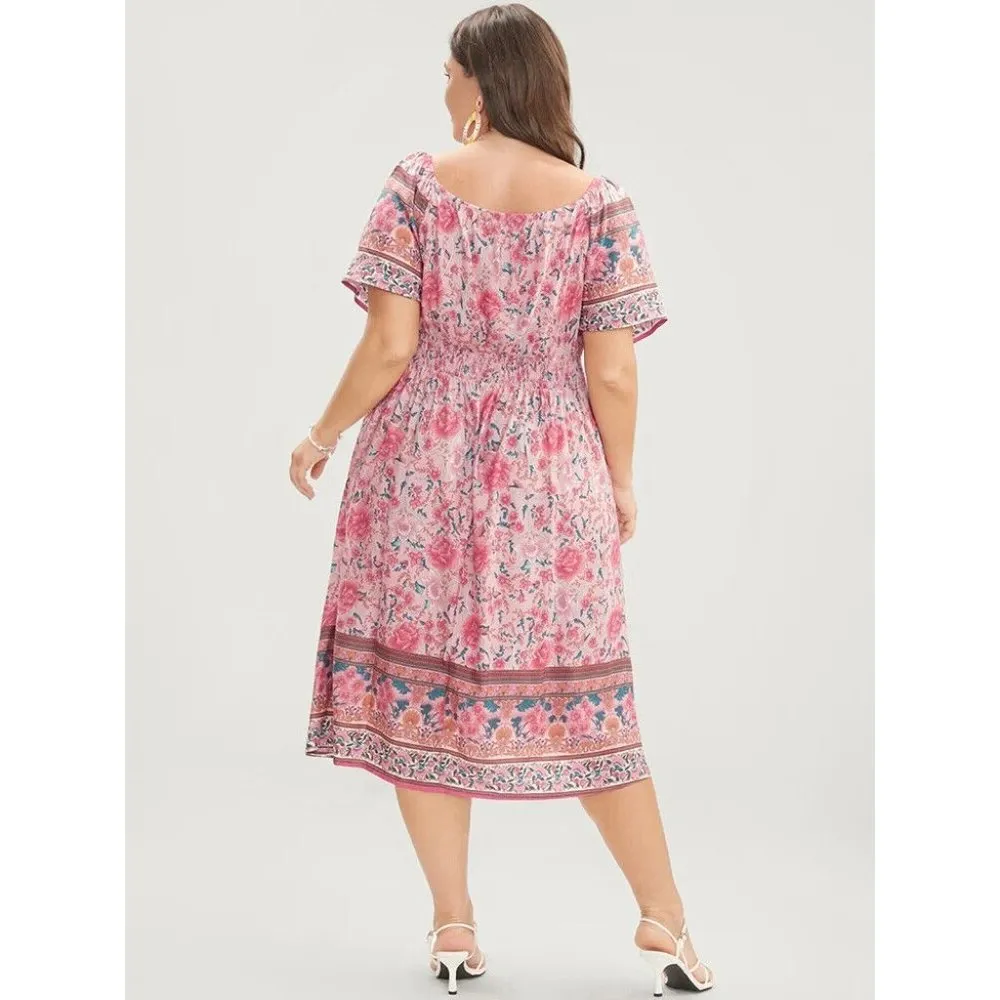 Bloomchic Bandana Print Square Neck Pocket Ruffles Shirred Dress Pink 12 - Image 2