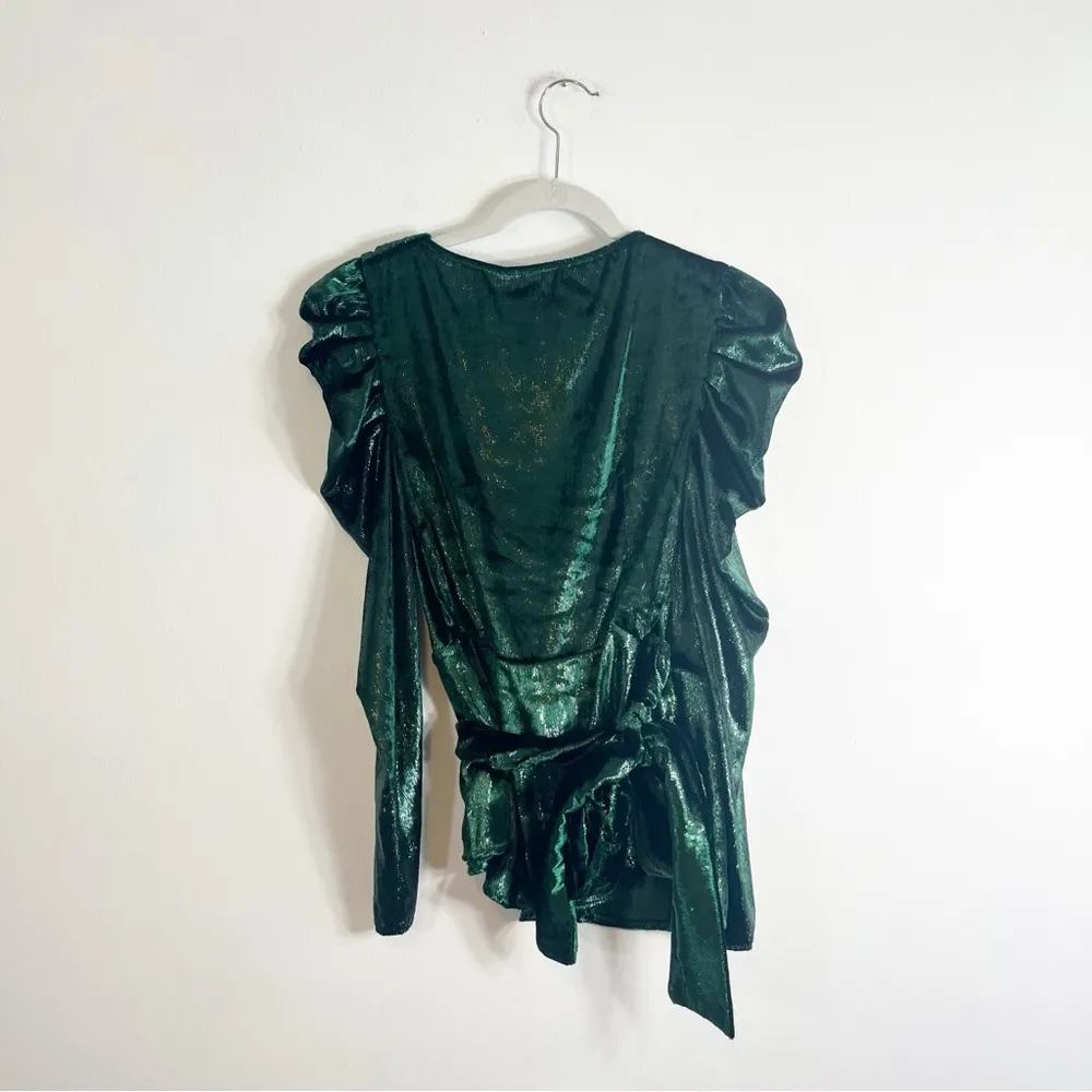 NWT PatBO Liquid Velvet Puff Sleeve Wrap Top Emerald Green XS - Image 3