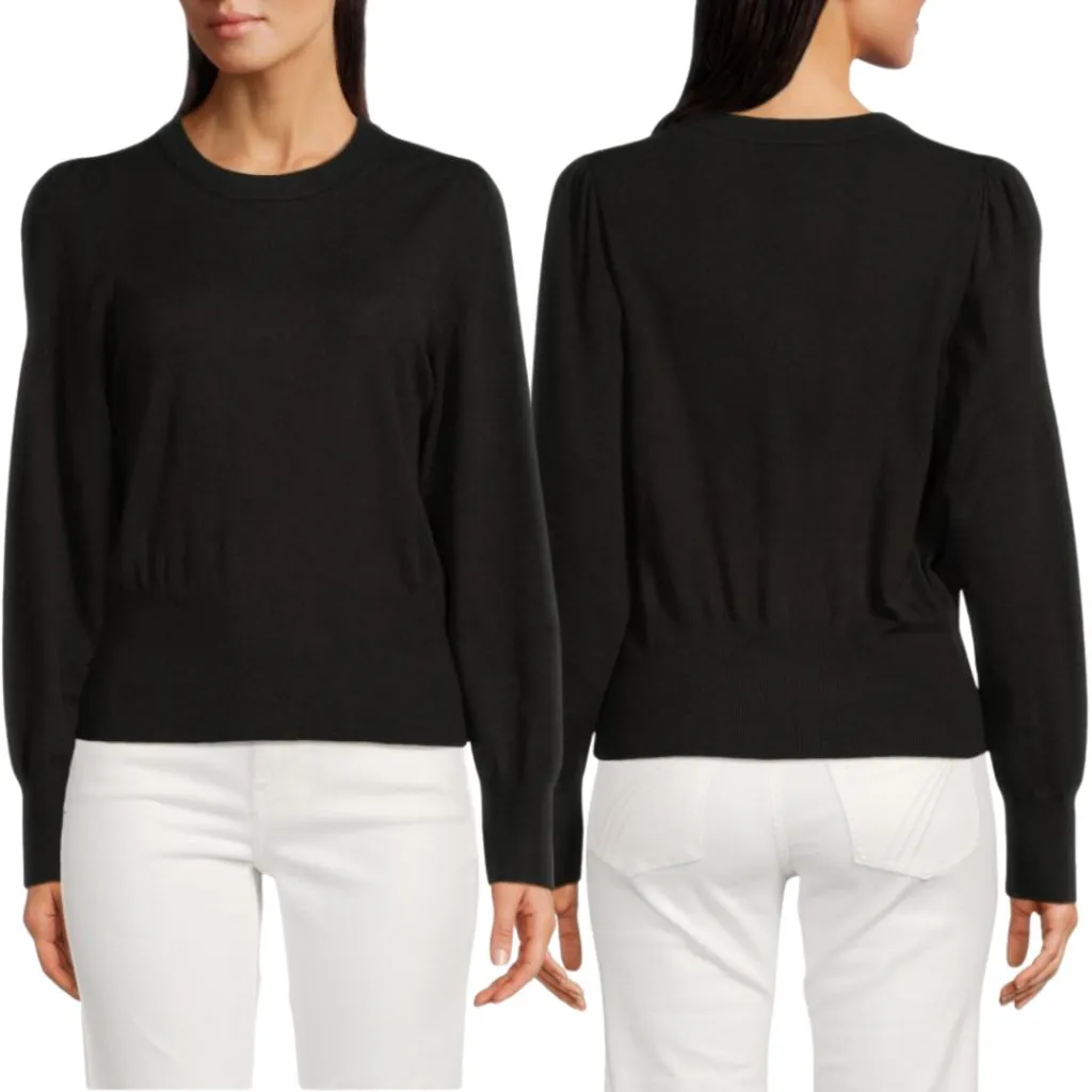 7 For All Mankind Crewneck Puff Sleeve Knit Sweater Women's XXS Black Preppy NWT - Image 2