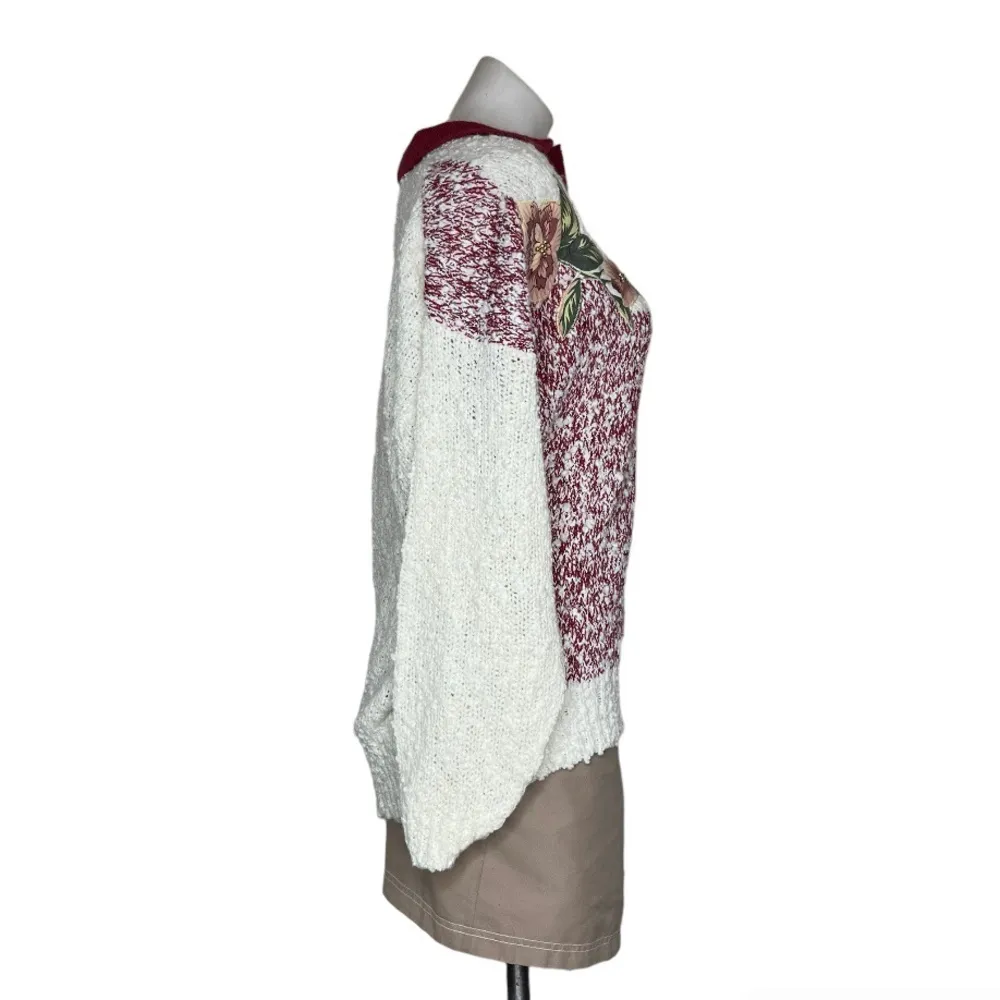 SEPARATE ISSUE Woman Sweater Nubby Knit Floral Appliqués Burgundy Cream VINTAGE Size undefined - Image 3